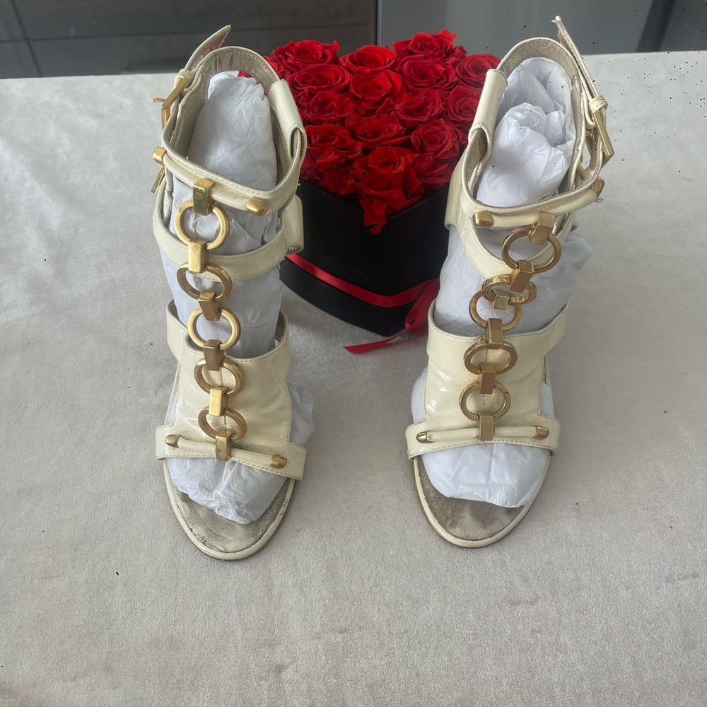 Roberto Cavalli White and Gold Heeled Sandals